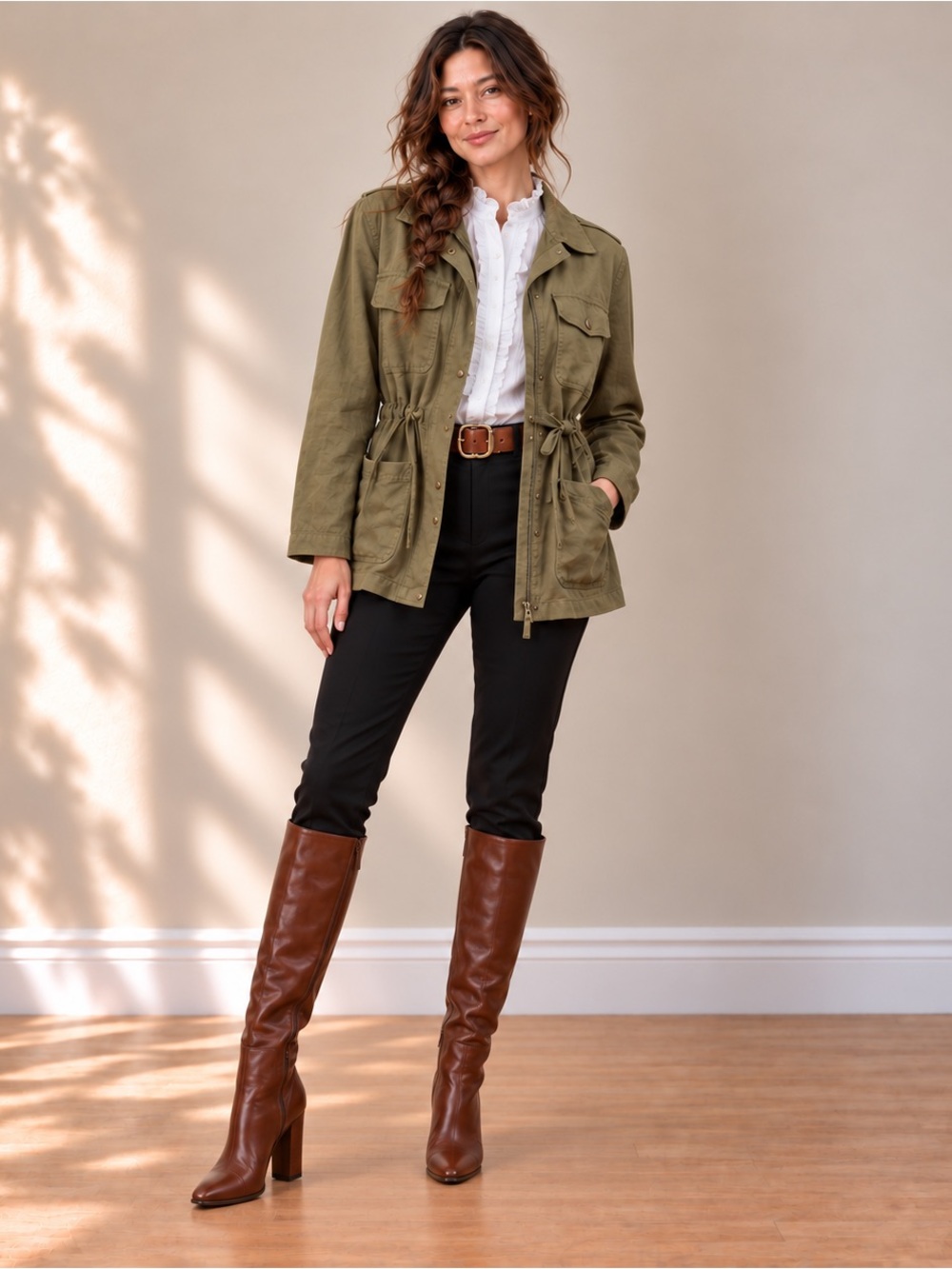 Nicole Miller New York Olive Linen Lyocell Utility Jacket Drawstring Waist XL
